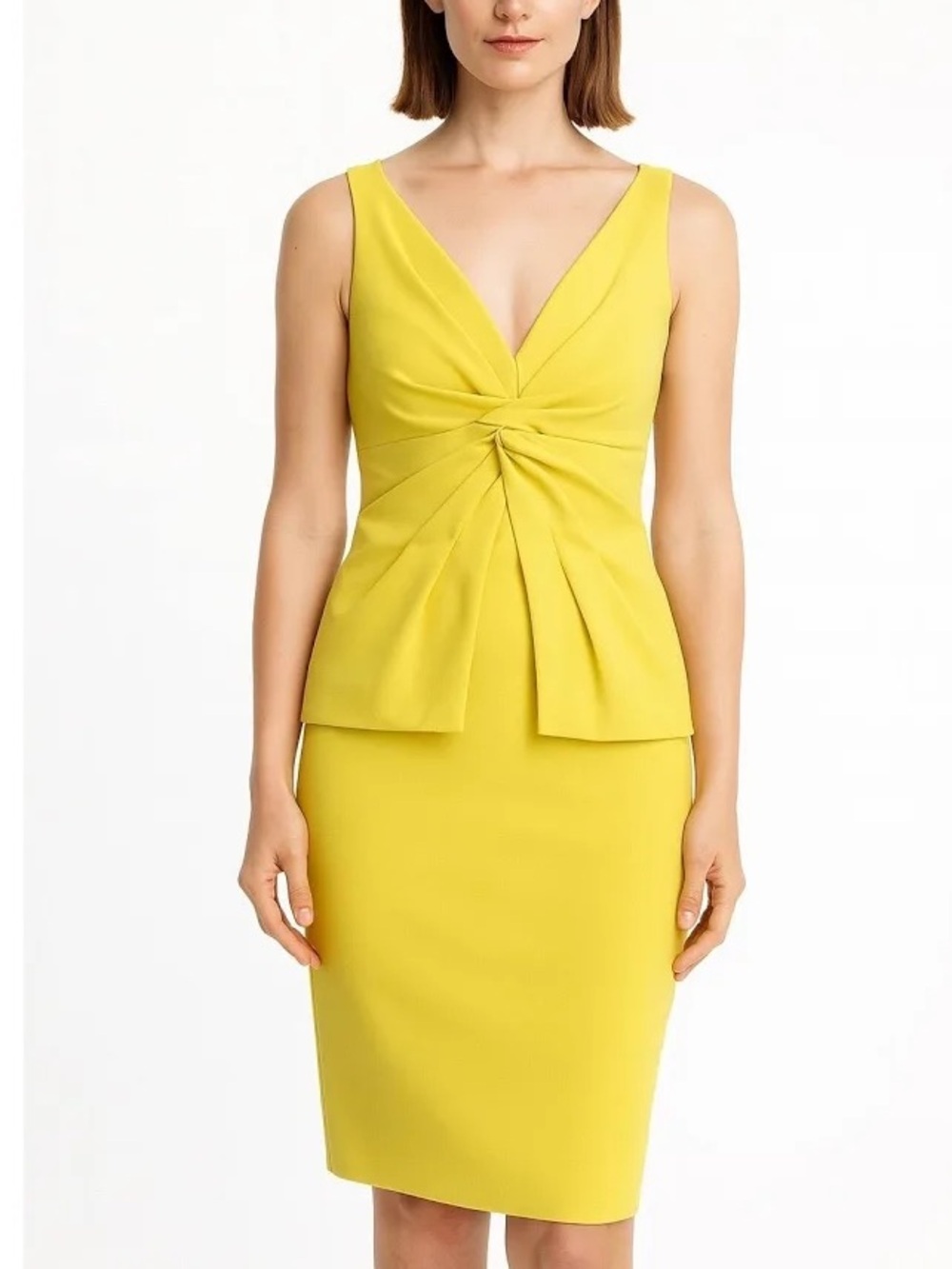 Lela Rose Peplum Dress Size 02 Yellow Sleeveless Twist Front V Neck Cocktail